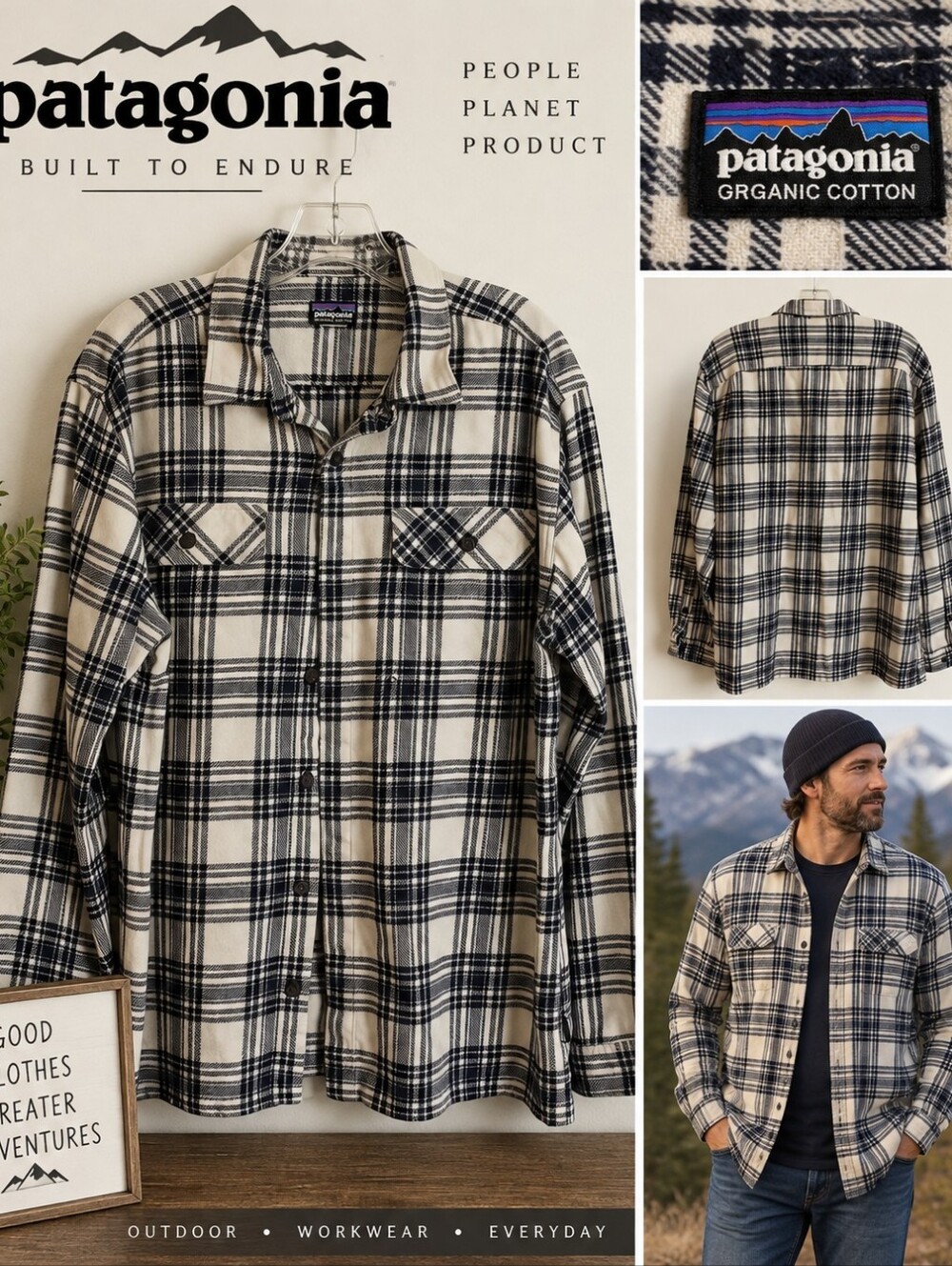 Patagonia Men’s L Organic Cotton Plaid Flannel Shirt Cream Navy Button Down